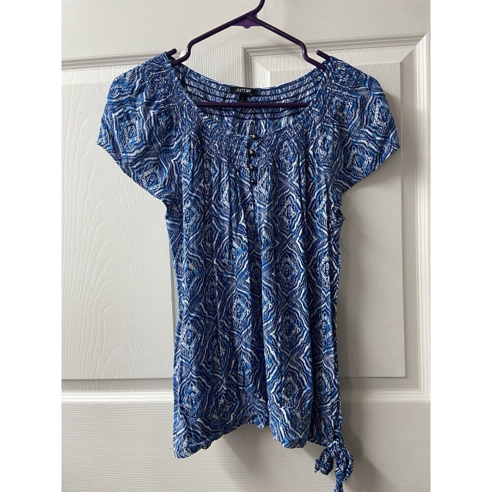 Apt 9 Womens Geometric Top Side Tie Womens Small Blue Career Office Round Neck